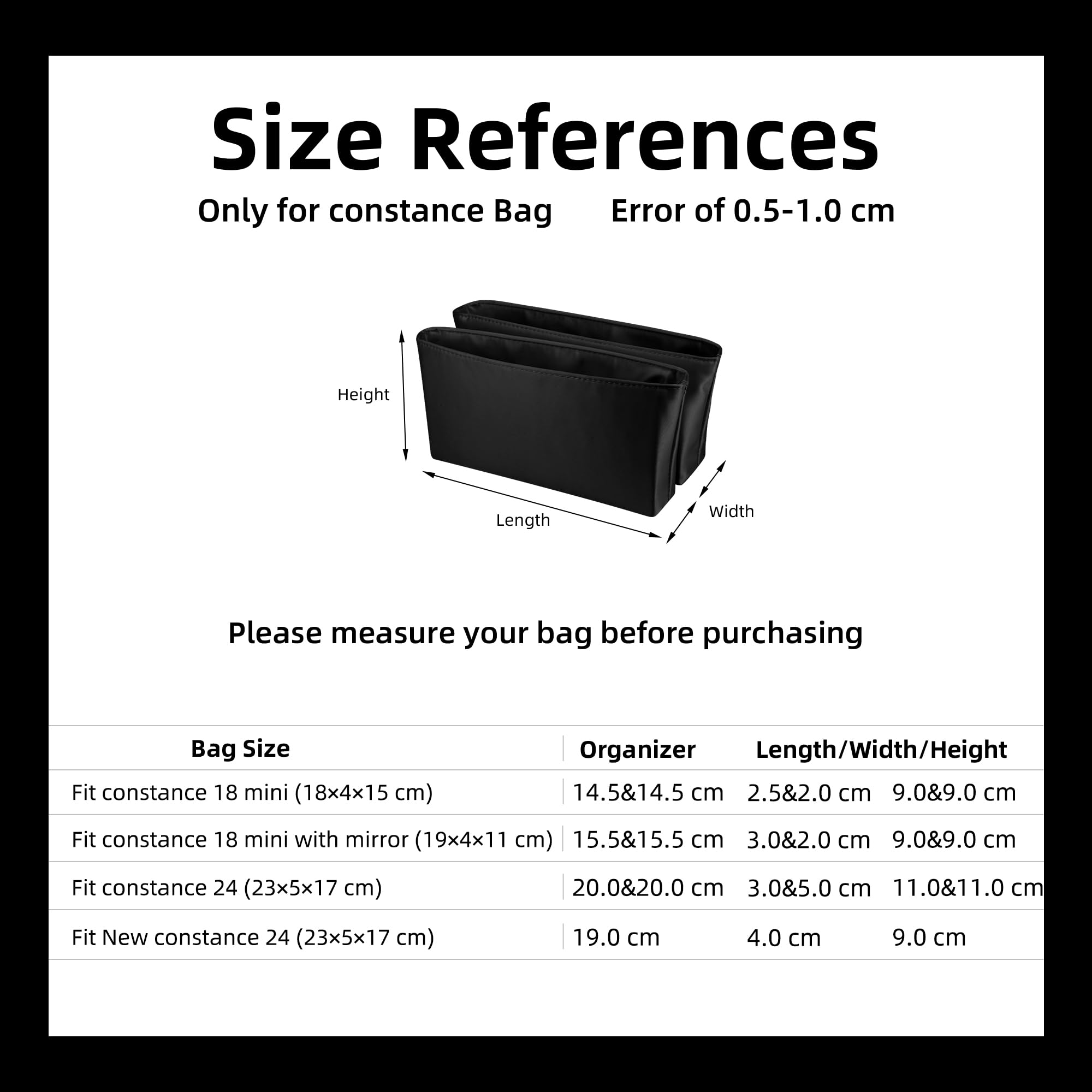DGAZ Organizador de Bolsos de Seda, 2 Piezas Bolso Insertar Ligera para Constance 19 con compartimento, Inserto de Bolsa de Lujo (Black, C19)
