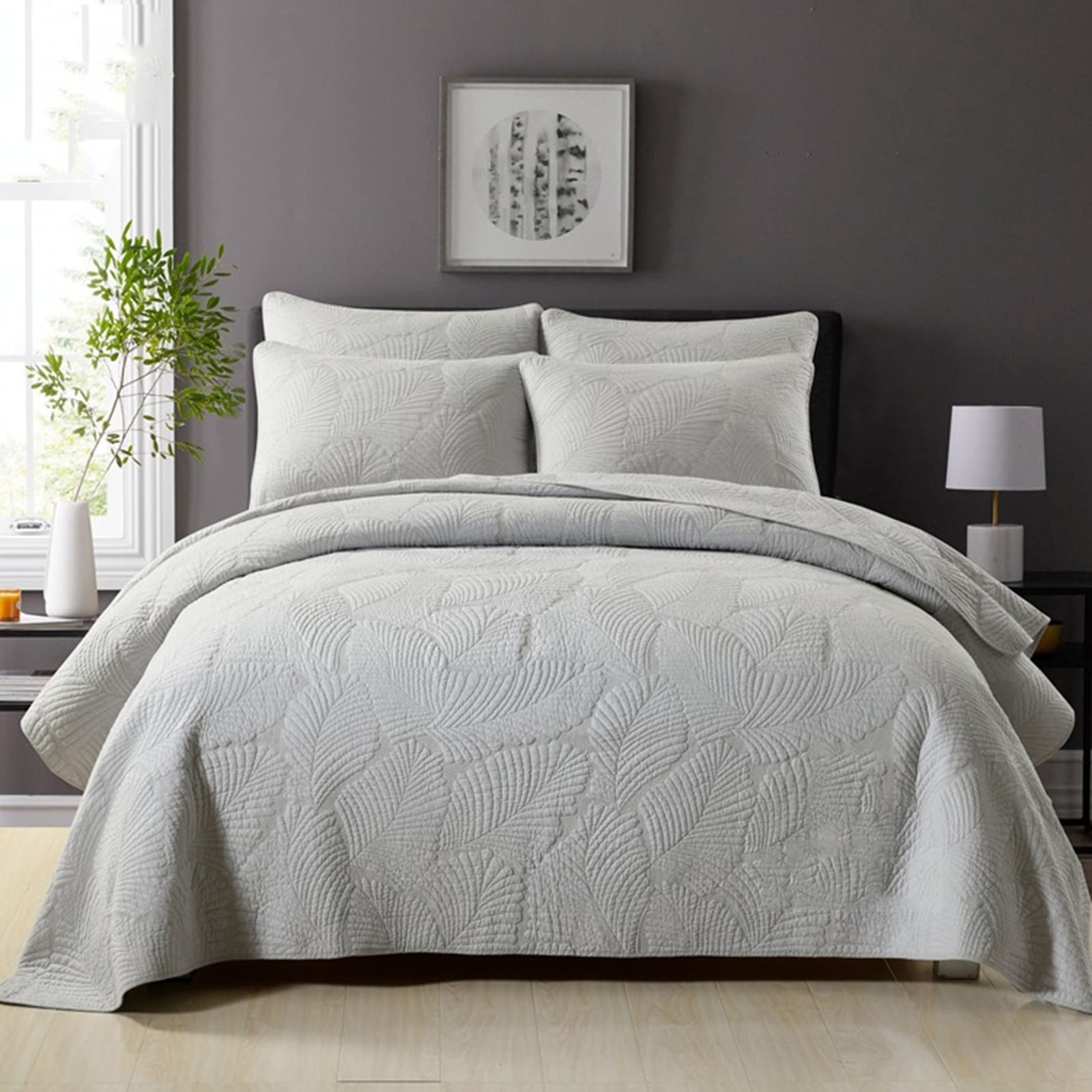 KISKIS Lujo Acolchado Colcha Ligero Reversible Bordada Sobrecama Juegos De Ropa De Cama + 2 Fundas De Almohada,Gris,Double 230x250cm
