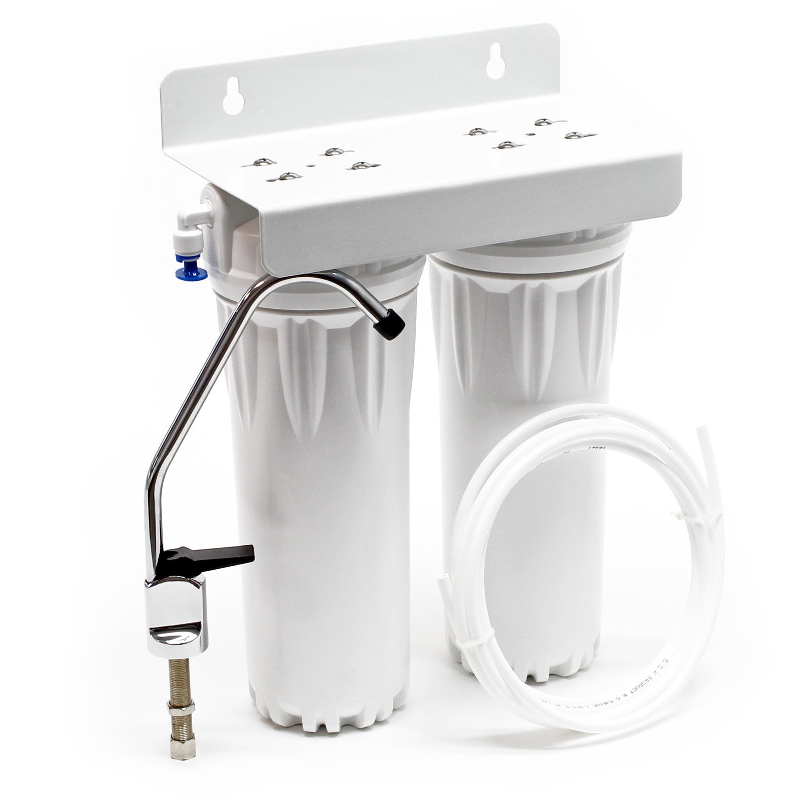 Naturewater NW-​PR302 Double filtre Eau potable – 275 x 130 x 345 mm – 2 Étapes – 360 L/​h – 1/​4" / 6,​35 mm – Robinet Cartouche PP Sédiments Charbon actif – Filtration Purification Bactéries Pesticides