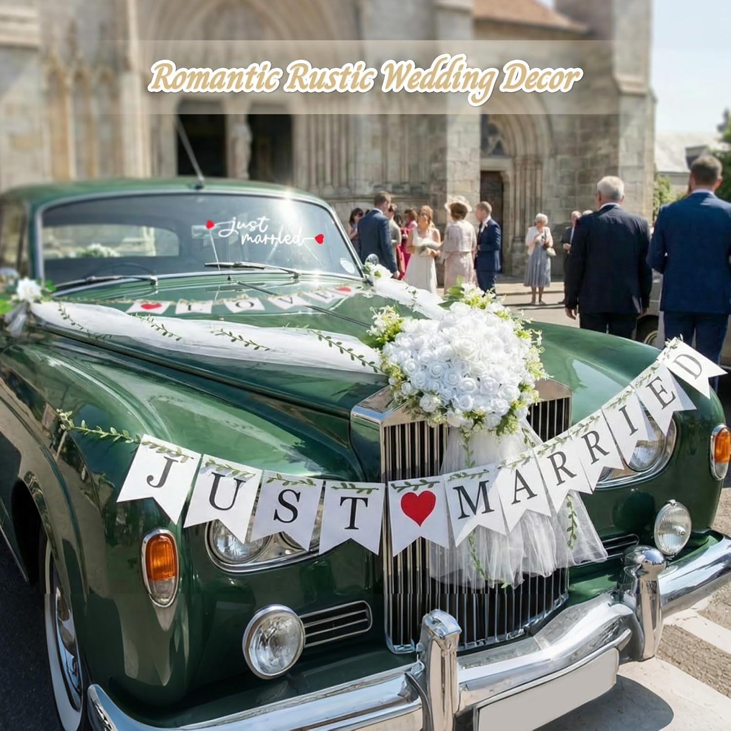 Just Married Car Decorations Set – White Wedding Car Ribbon & Flower Kit with Heart Bouquet, Rearview Mirror Flowers, Static-Cling Window Decal, Banners – Wedding Getaway Vehicle Decor