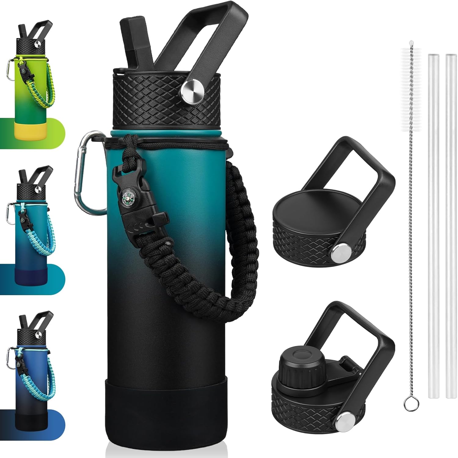 BJPKPK Insulated Water Bottle with Straw Lid, 22oz Thermal Flasks Water Bottles with 3 Lids, Paracord Handle & Non-slip Boot, BPA Free Leak Proof Stainless Steel Tumblers,Army Green & Black