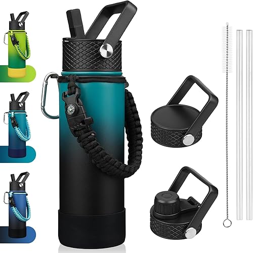 Miniatura 31 de BJPKPK Botella de agua aislada con tapa con popote, frascos térmicos de 22 onzas con 3 tapas, mango de paracord y bota antideslizante, vasos de