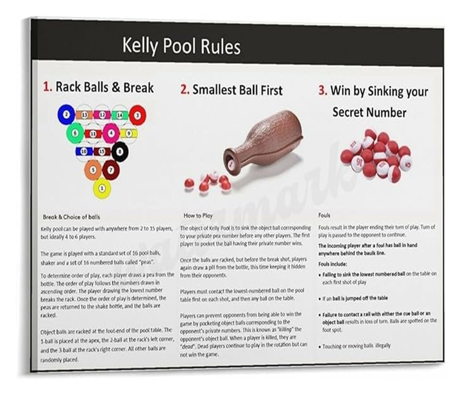 LLBOGRGGN Kelly Pool Rules Poster Official Guide to Billiards Game Play Canvas Wall-Art(Unframed,08x12inch(20x30cm))