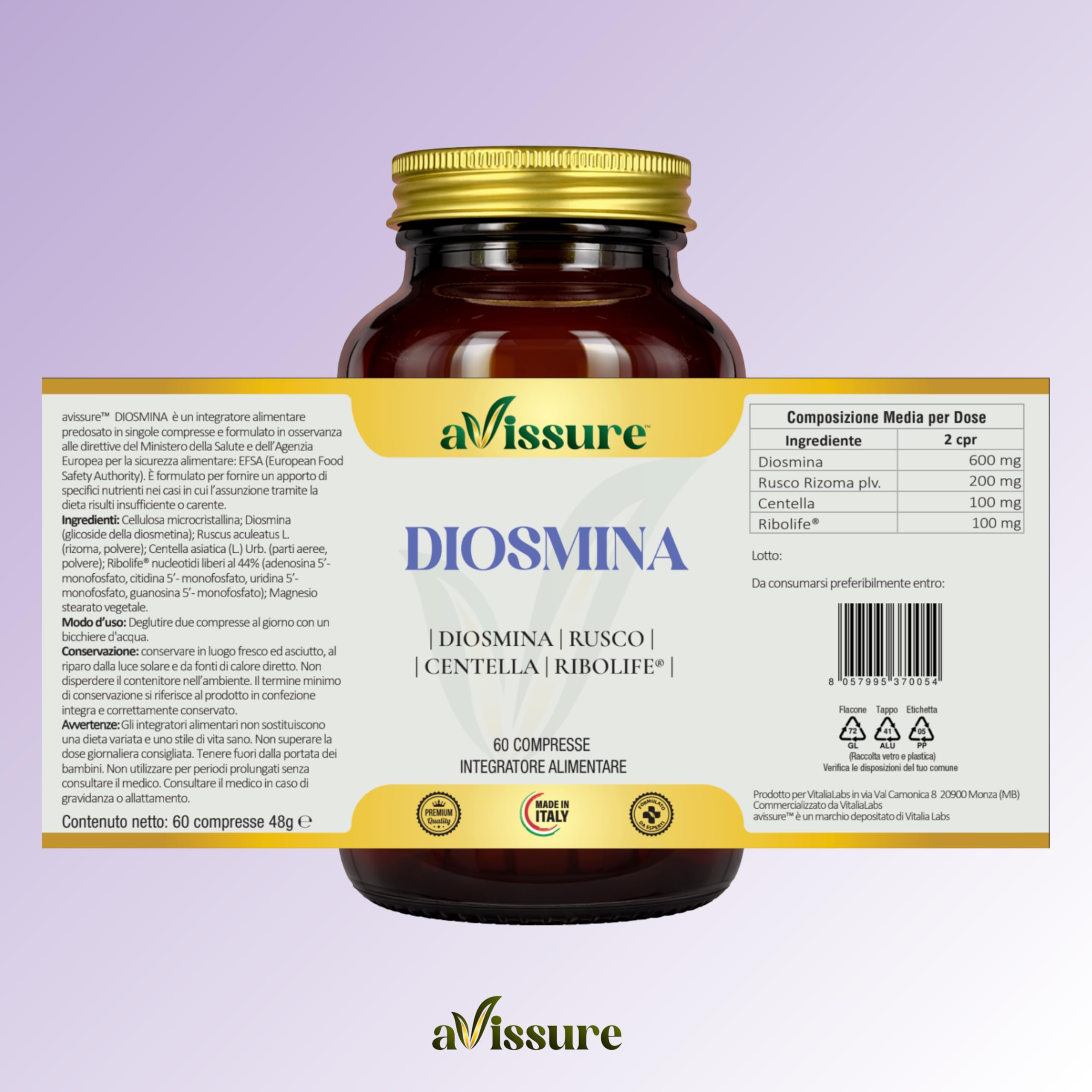 Diosmina 600mg avissure, Integratore Microcircolo e Circolazione Venosa, con Rusco e Centella, Supporto Gambe Pesanti e Benessere Vascolare, con Ribolife®, 60 Compresse, Senza Glutine, Lattosio, OGM