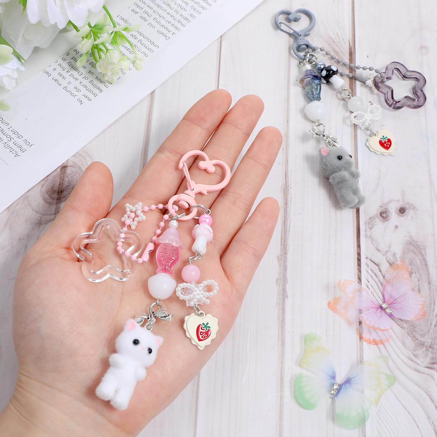 2Pcs Cute Cat Keychain Fuzzy Cat Keychain Y2K Heart Bow Pendant Star Butterfly Strawberry Bear Key Chain Aesthetic Y2K Key Ring Delicate Kitty Keychains Decor for Women Backpack Purse Phone Halloween - Image 4