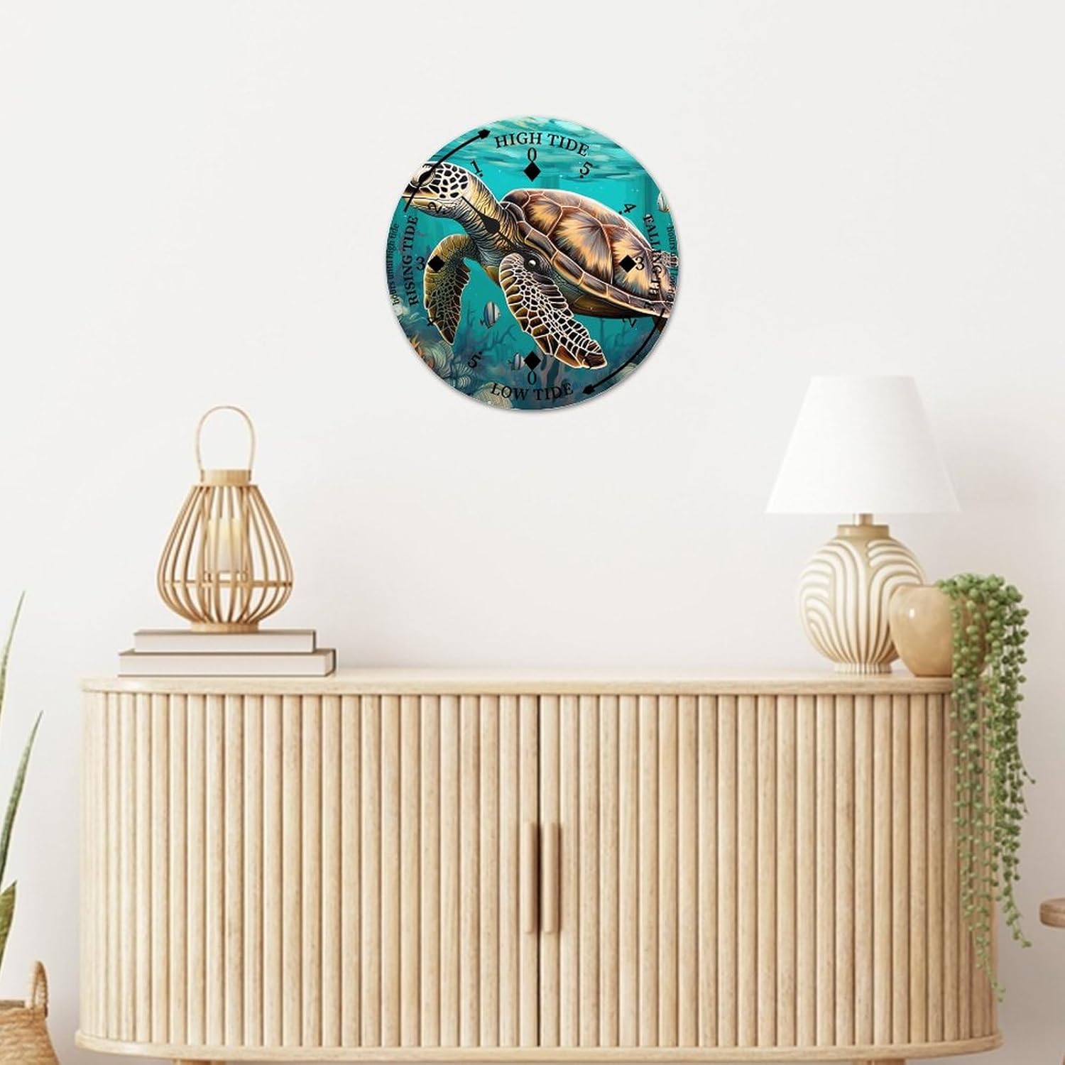 Cheyan Sea Turtle Tide Clock Silent Non-Ticking Battery Operated Wooden Moon Nautical Tide Movement Clock for Sailing Living Room Restaurant Home Decor Wood Wall Art 12x12 in