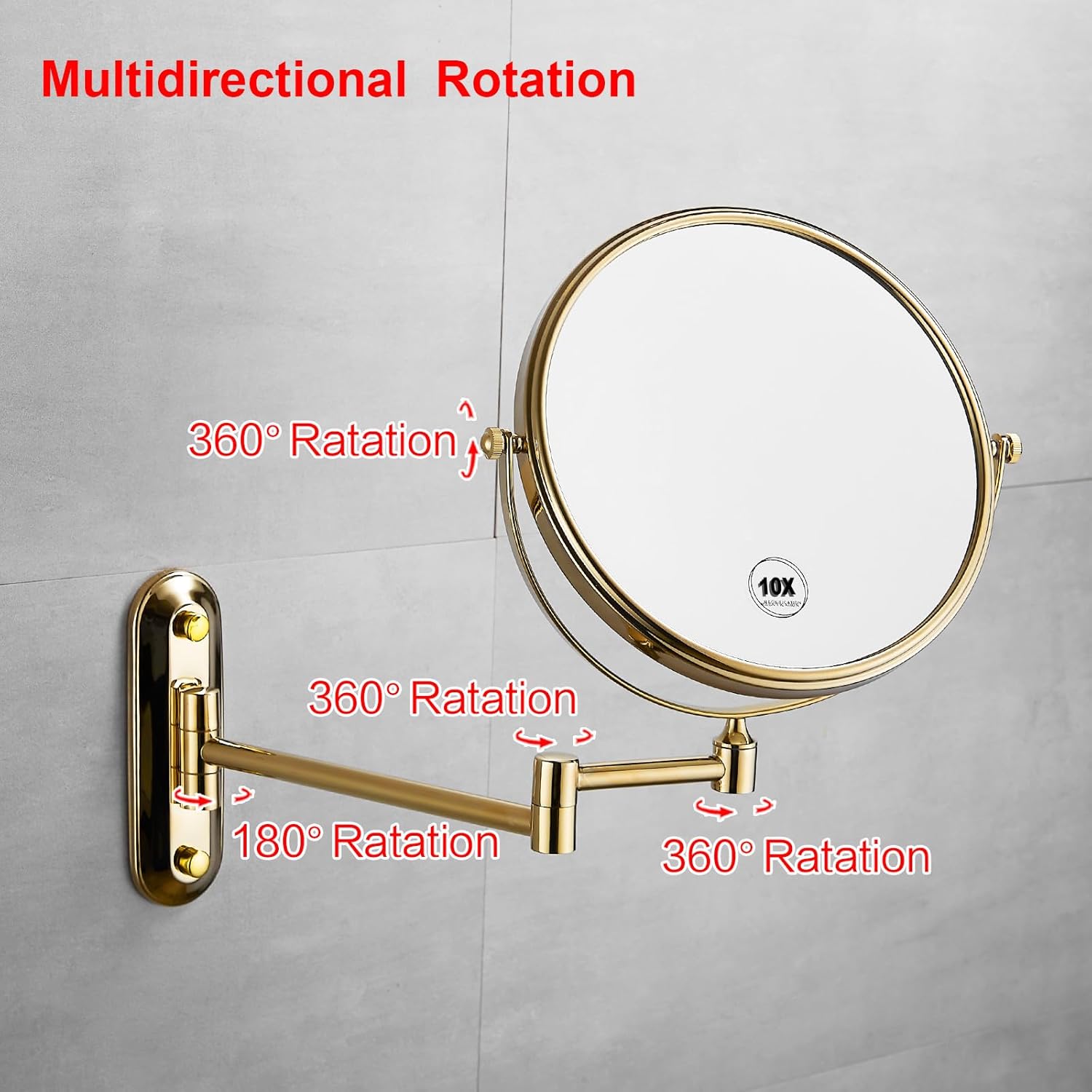 Gold 1x10x Magnifying Double Sided Bathroom Mirror 360 Degree Swivel Makeup Mirror Adjustable Extension Arm Wall Mount 8 Inch Non-Illuminated Beauty Mirror Shaving Mirror (Oval Base)