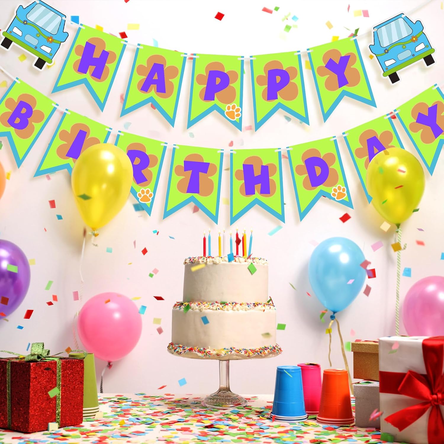 Breling Car Cartoon Dog Hippie Birthday Party Theme Banner Blue Green Car Dog Anime Theme Birthday Party Supplies Paper Banner for Hanging Bunting Decor