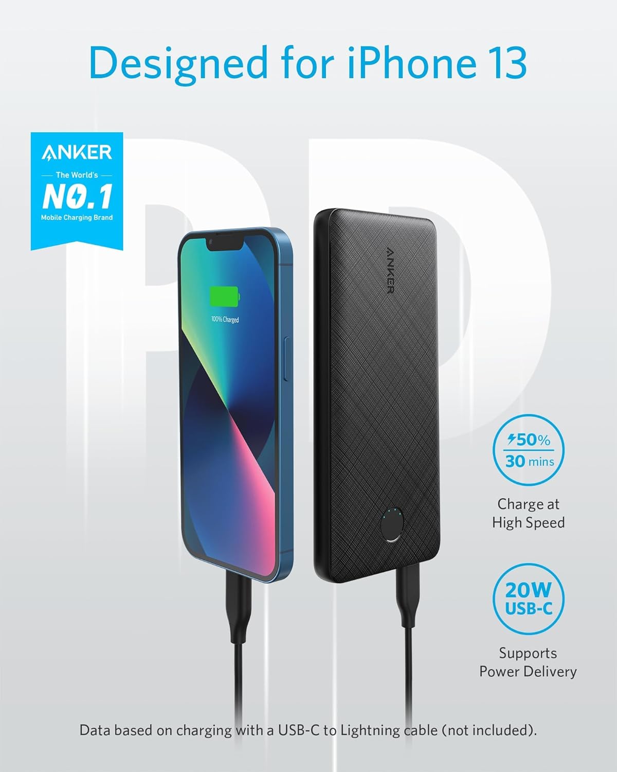 Anker PowerCore Slim 10K PD charging an iPhone 13