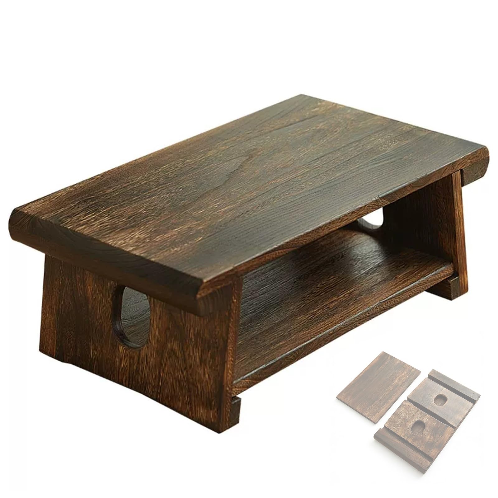 Table basse pliante gain de place en paulownia avec étagère coulissante