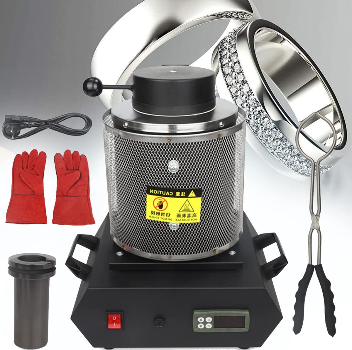 Elektryczny piec do topienia złota, cyfrowa maszyna do wytapiania metali 2102 ℃, zestaw do odlewania metalu 1800 W z tyglem grafitowym do topienia złomu, srebro, złoto, piec do odlewania rafinacyjne