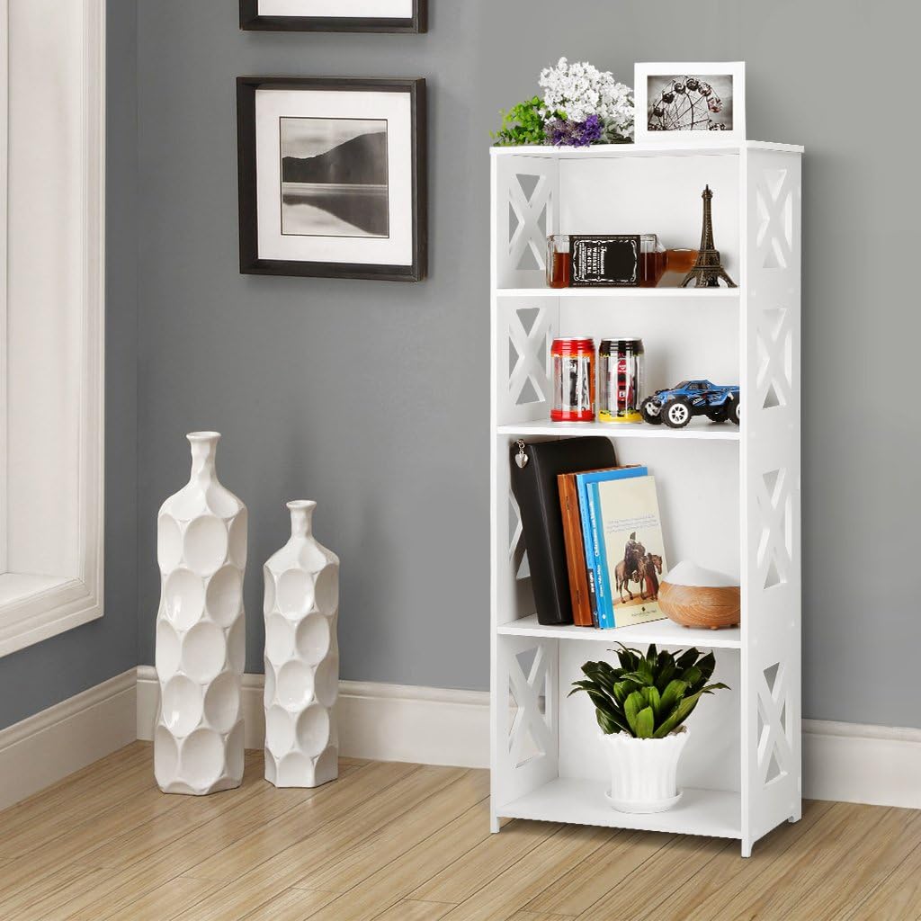 Finether 4-Tier Modular Side Cross Cut-Out Wood Plastic Composite Shelf Unit White Bookcase Storage Organizer Display, SGS Certified