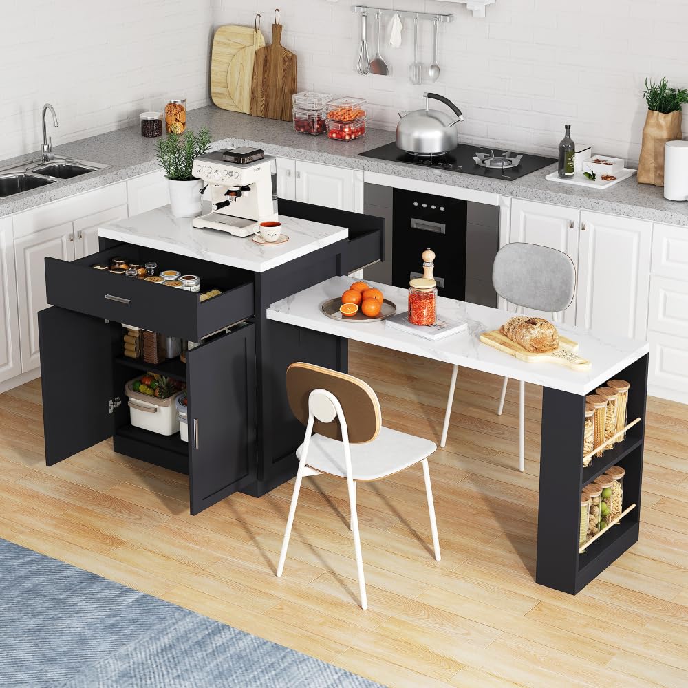 Seyakany Îlot de Cuisine avec Table à Manger Extensible pour 4 à 6 Personnes, Table de Cuisine Bicolore, Prise de Courant, Meuble de Rangement, 2 tiroirs, 2 étagères latérales Ouvertes