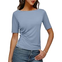 Boat Neck Tops for Women Cotton Short Sleeve Ruched Fitted T Shirts