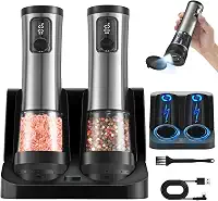 Conjunto de moedor elétrico de sal e pimenteiro, recarregável, automático, saleiro e pimenteiro com tampa, visor externo ajustável, grossura de energia/engrenagem, LED, 2 pacotes