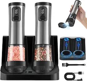 Conjunto de moedor elétrico de sal e pimenteiro, recarregável, automático, saleiro e pimenteiro com tampa, visor externo ajustável, grossura de energia/engrenagem, LED, 2 pacotes