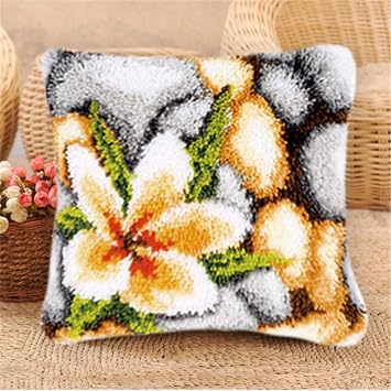 LAPATAIN Latch Hook Kits for DIY Throw Pillow Cover,Yellow Lily Pattern Needlework Cushion Cover Hand Craft Crochet for Great Family 17X17inch