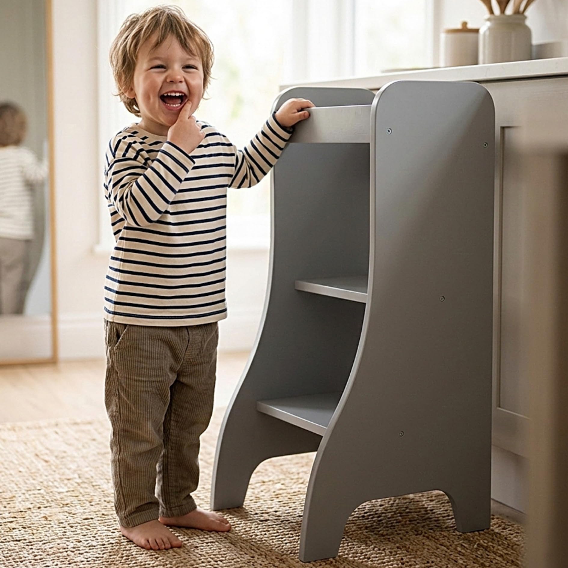 Puckdaddy® Montessori Lernturm Turmine, Weiß, Entdeckerturm, Tritthocker | Montessori Lernturm, MDF, Weiß, Entdeckerturm ab 1 Jahr, Kippschutz, bis 40 kg, Maße 43×50×94 cm