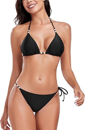 Colloyes Womens Triangle Bikini Sets Bead Halter String Two Piece Swimsuit Tie Side Bathing Suits