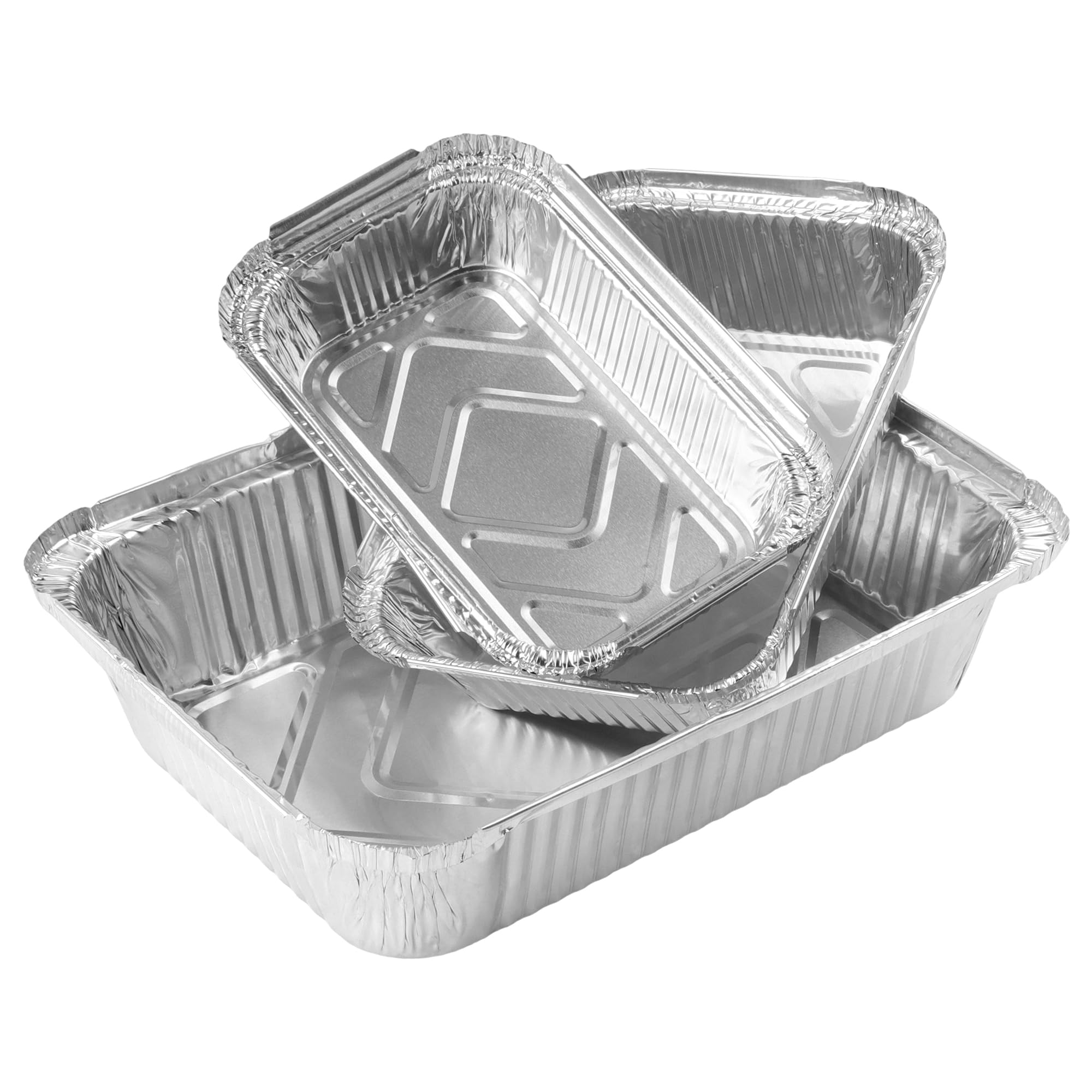 Confezione da 60 vassoi in alluminio con coperchi, 1750 ml/700 ml/410 ml, grandi contenitori in alluminio riutilizzabili, per asporto, cottura, arrosto, frittura, 3 dimensioni