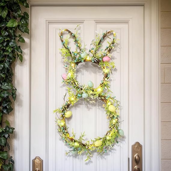 Lights Easter Bunny Spring Wreath for Front Door with Timer