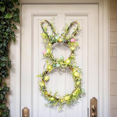 Easter Bunny Spring Wreath for Front Door, Lighted Easter Wreaths