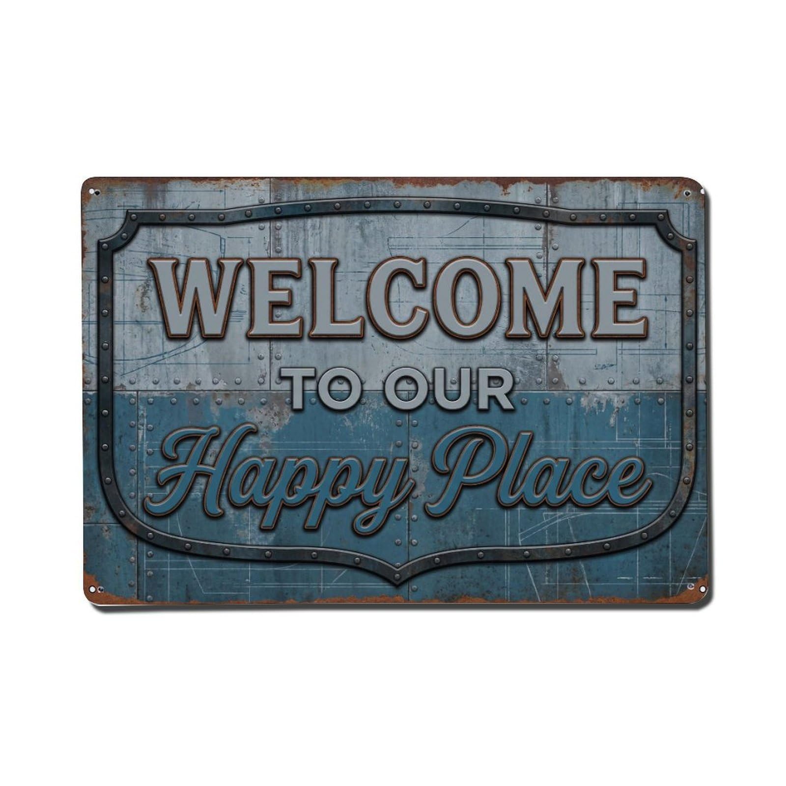 Welcome To Our Happy Place Vintage Shipyard Metal Tin Sign Plaque Wall Decor for Cafe, Club Bar, Office, Home Garden Metal Poster 8x12Inch