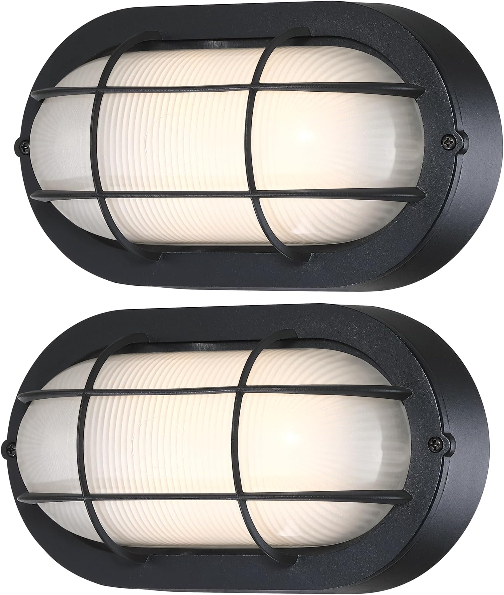 Oval Bulkhead Light Fixture, Dimmable Outdoor Wall Lantern, LED Nautical and Sauna Light, 600 Lumen 3000K Warm White, Waterproof Black Aluminum with Forested Glass, 2-Pack