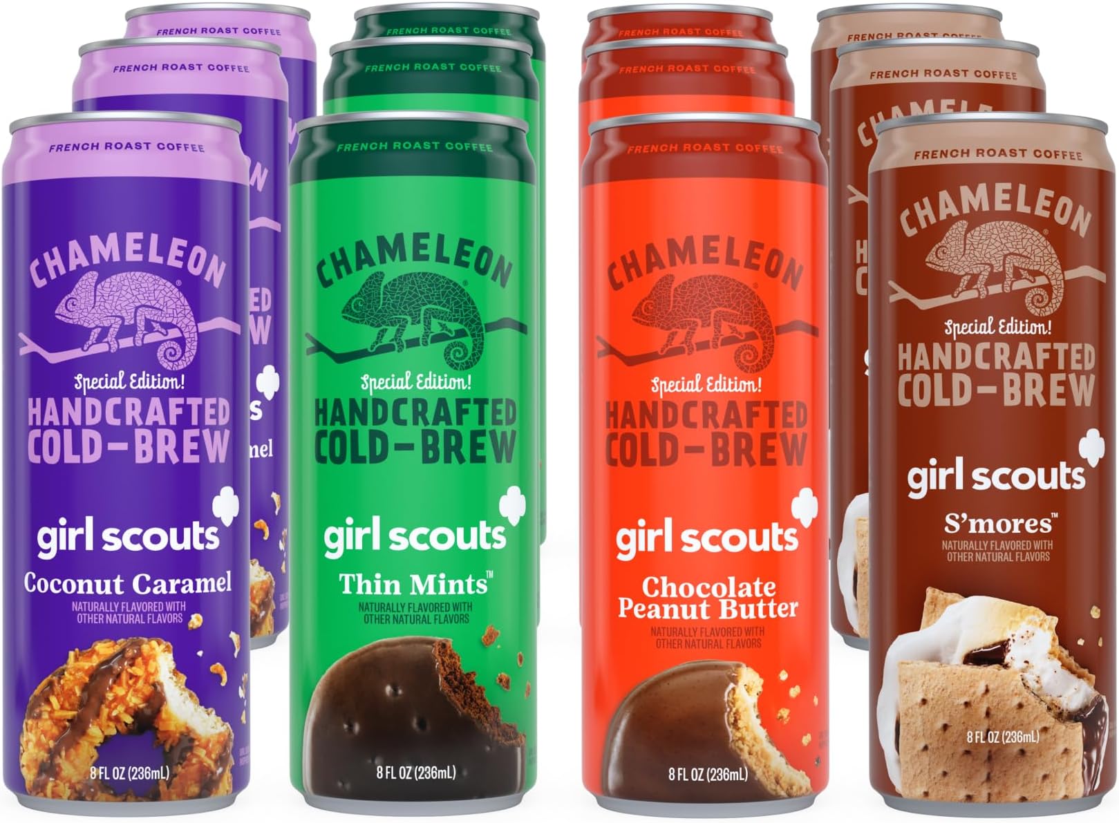 Chameleon Cold Brew Coffee Latte Variety Pack, Includes Girl Scout Thin Mint, Coconut Caramel, Peanut Butter & S'mores, 8 oz Canned Coffee (12 pack)