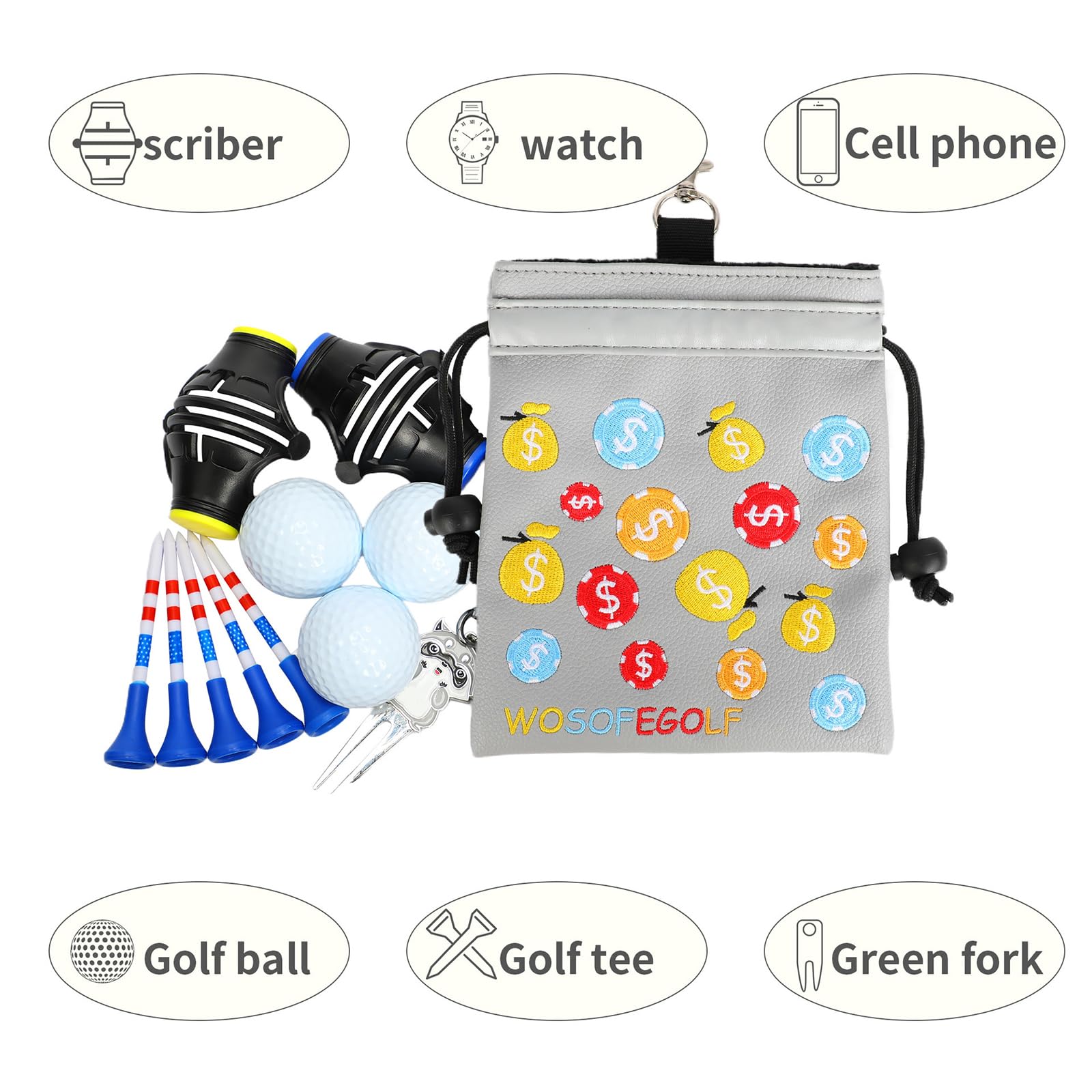 Pochettes de rangement pour tees de golf avec clip - Sac de rangement avec cordon de serrage