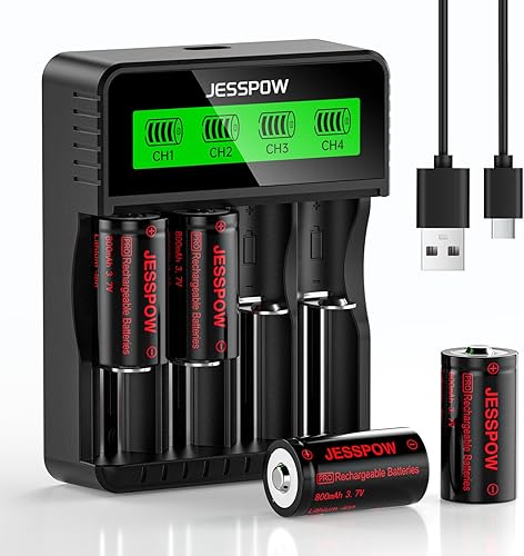 Miniatura 8 de Paquete de 4 baterías de litio CR123A de 3.7 V recargables LED cargador compatible con cámaras Arlo inalámbricas (VMC3030VMK3200VMS333034303530) y