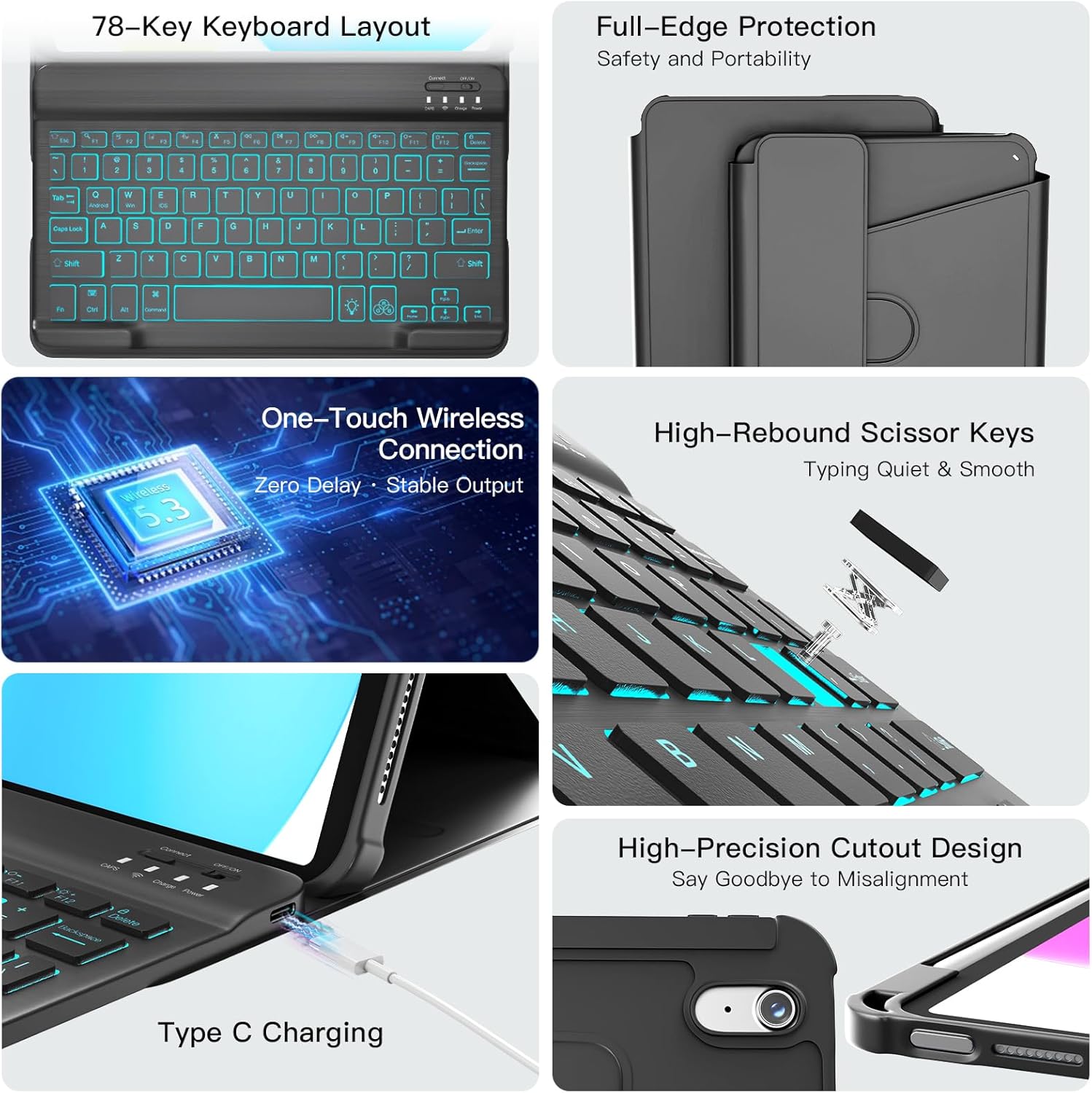 for iPad 11th(A16, 2025)/10th Generation Case with Keyboard, 360° Rotatable Case & Detachable Backlit Keyboard, Precision Cutouts and Pen Holder for iPad A16 11''/10th 10.9'', Black