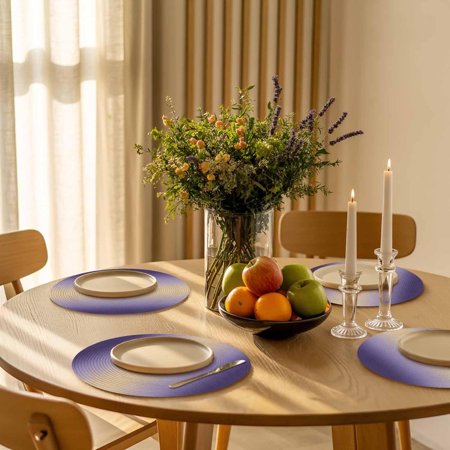 Purple Ombre Round Placemats Set of 6 Modern Yellow Gradient Farmhouse Art Place Mats Indoor Woven Table Mats Washable Heat-Resistance Braided Dining Table Placemats for Kitchen Holiday Party 13 Inch