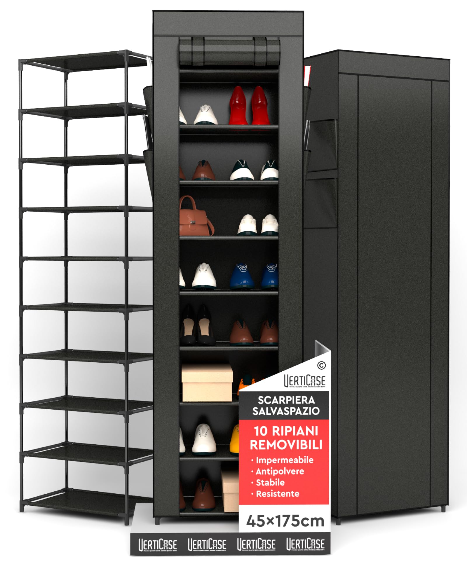 Scarpiera Slim Salvaspazio 10 Ripiani in Tessuto Impermeabile Nera 45x175x28cm - Scaffale Scarpe Verticale con Copertura Antipolvere - per Scarpe Sportive Tacchi Alti da Interno o Esterno