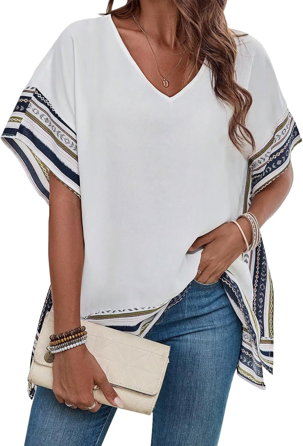 Women's Casual V Neck Floral Tops Batwing Sleeve Blouse Loose Fitting Shirts Boho Flowy Side Slit Tees