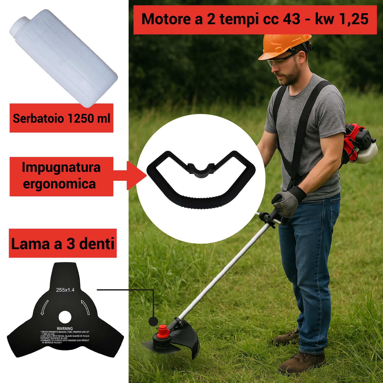 Crisalide Desbrozadora de explosión de 43 cc, motor de 2 tiempos, potencia 1,25 kW (8000 rpm) – Cuchilla de 3 dientes + cabezal de nailon + arnés – Cortacésped profesional para jardín y huerto