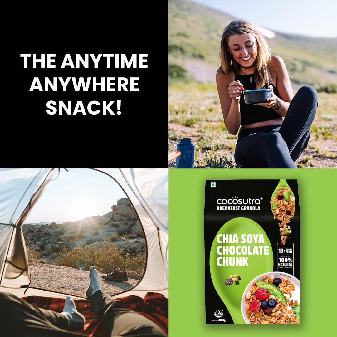 Cocosutra Chia Soya Chocolate Chunk Breakfast Granola - 300 g | 100% Natural, Vegan & Gluten Free | High Protein Cereal with Oats, Nuts, Seeds and Dry Fruits | Lightly sweetened with Jaggery 4