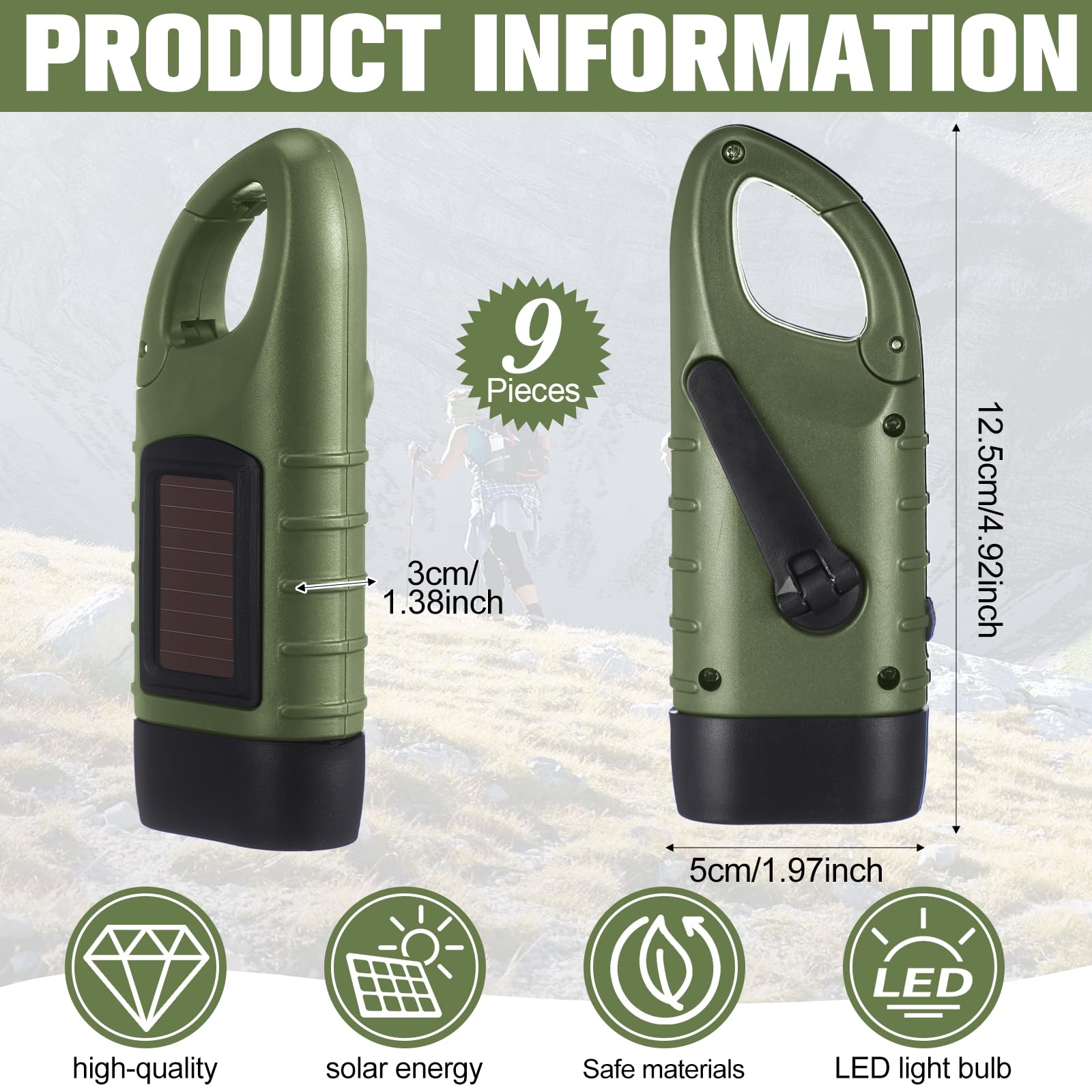 Leelosp 9 Stück Handkurbel Taschenlampe Solarbetriebene Taschenlampe für Notfälle Dynamo Wiederaufladbare LED Survival Licht für Outdoor Sport Wandern Camping (Grün)