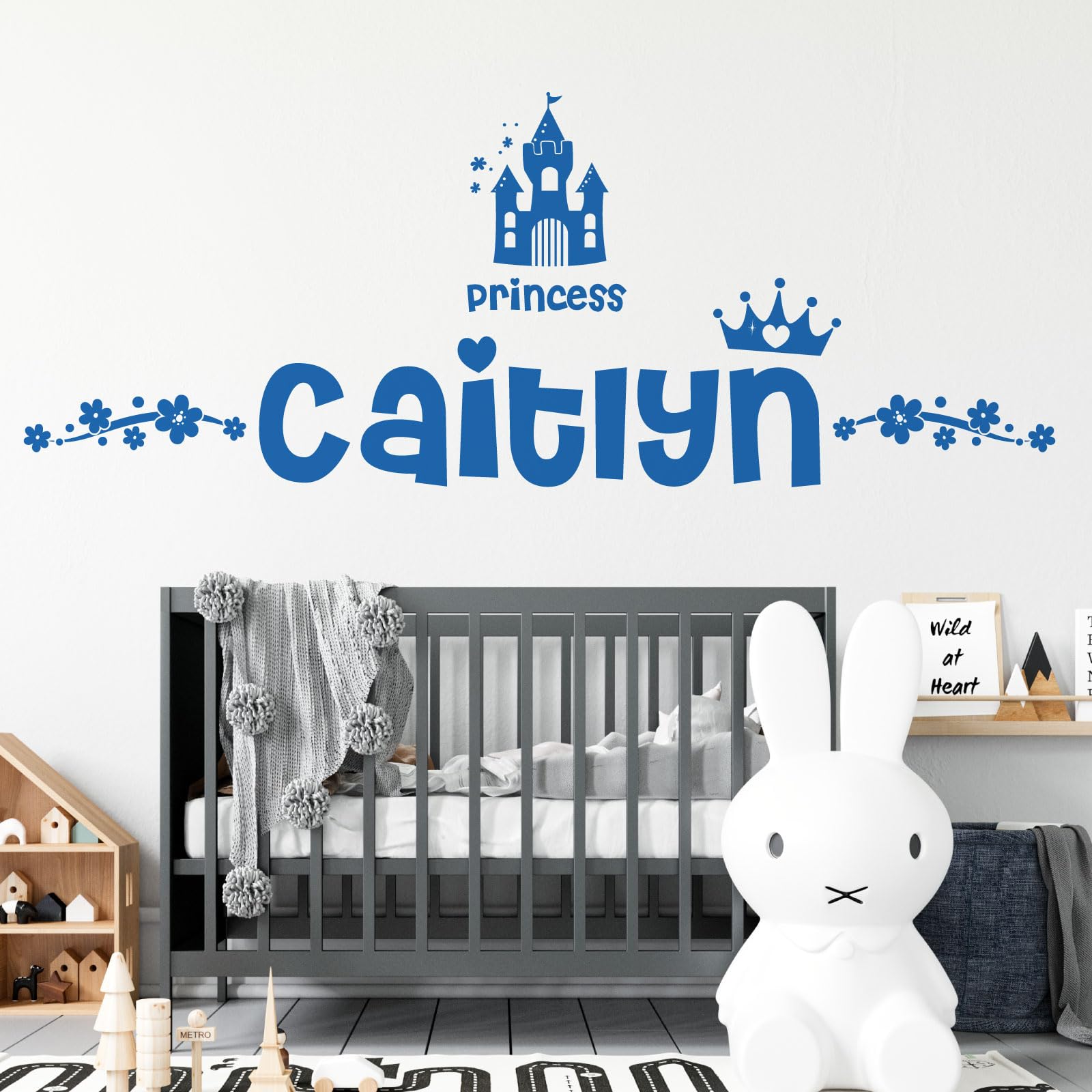 Personalised Name Girls Wall Art Sticker - Princess Disney Castle Crown Floral Motive [Large] [Marina]