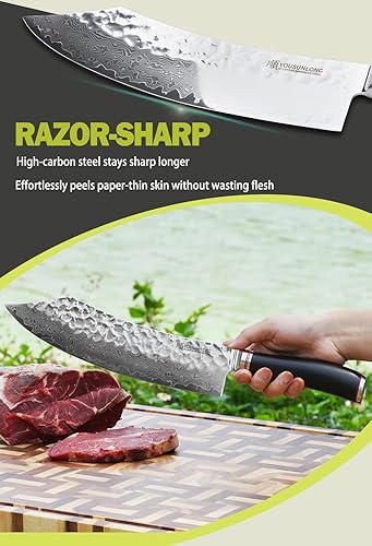 Miniatura 5 de YOUSUNLONG Cuchillo de carnicero Pro 10" Cimitar híbrido cuchillo japonés martillado acero Damasco mango de madera de plomo natural