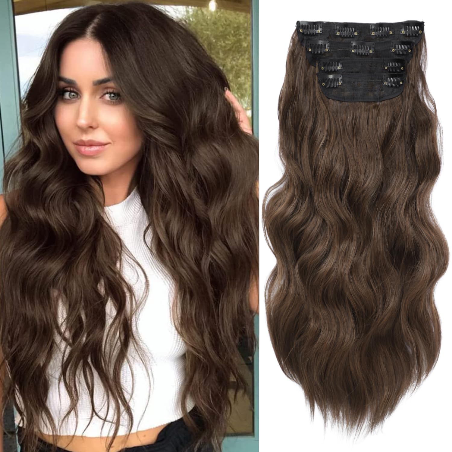 20inch Hair Extensions Clip in Chestnut Brown Hairpieces for Women 4PCS Full Head Set Thick Hair extension Wavy hair Extensions