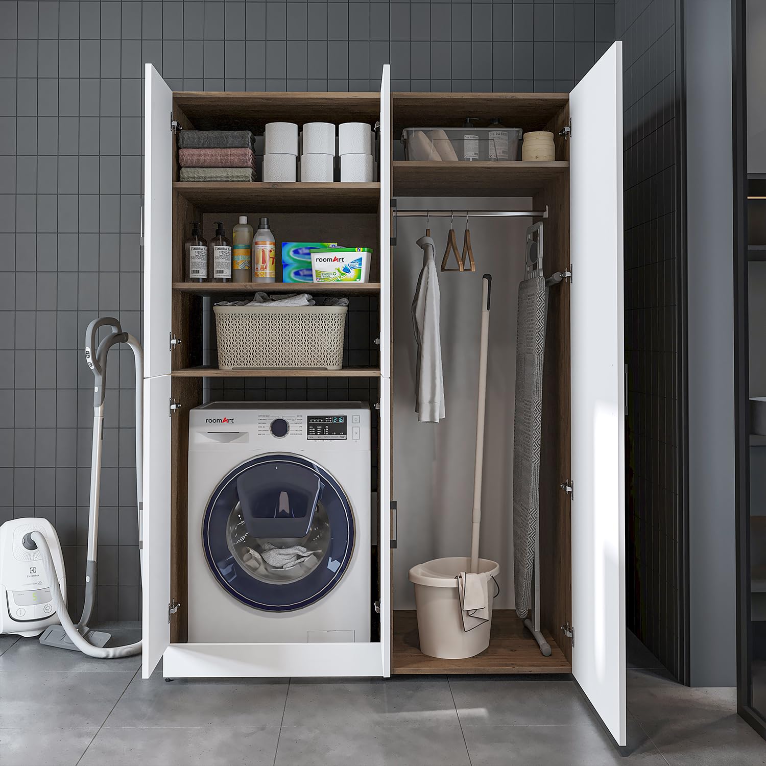 ROOMART Armoire de machine à laver Dora-II - Tour de lavage de 130 cm de large pour machine à laver et sèche-linge (chêne blanc, sans armoire de rangement : 187 x 130 x 73,8 cm)