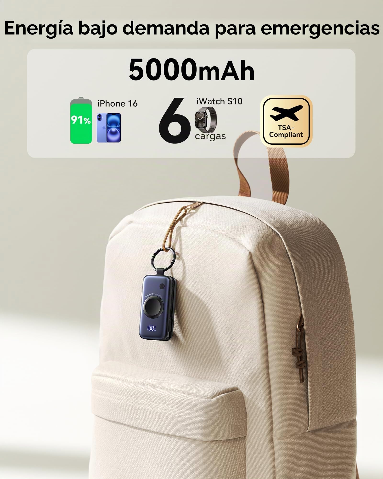 INIU Power Bank para Apple Watch, 5000mAh Batería Externa con Cable Incorporado, Cargador Portátilpara Delgado con Llavero de Viaje Pantalla LCD para iWatch 10/9/8/Ultra2/Ultra/SE, Blanco