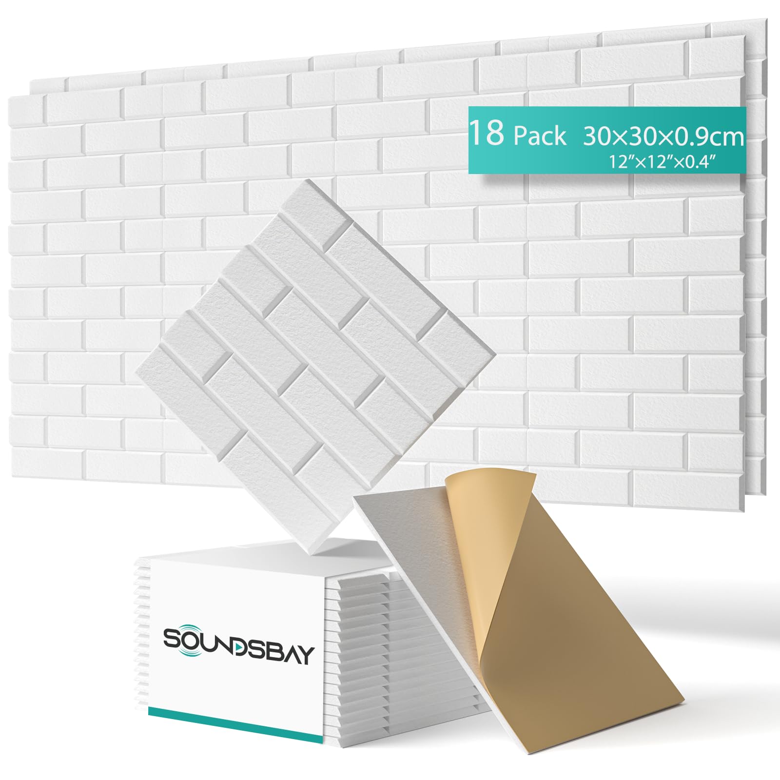 Soundsbay Lot de 18 panneaux acoustiques autocollants pour isolation phonique murale haute densité type brique pour traitement acoustique et décoration murale 30 x 30 x 0,9 cm (blanc)