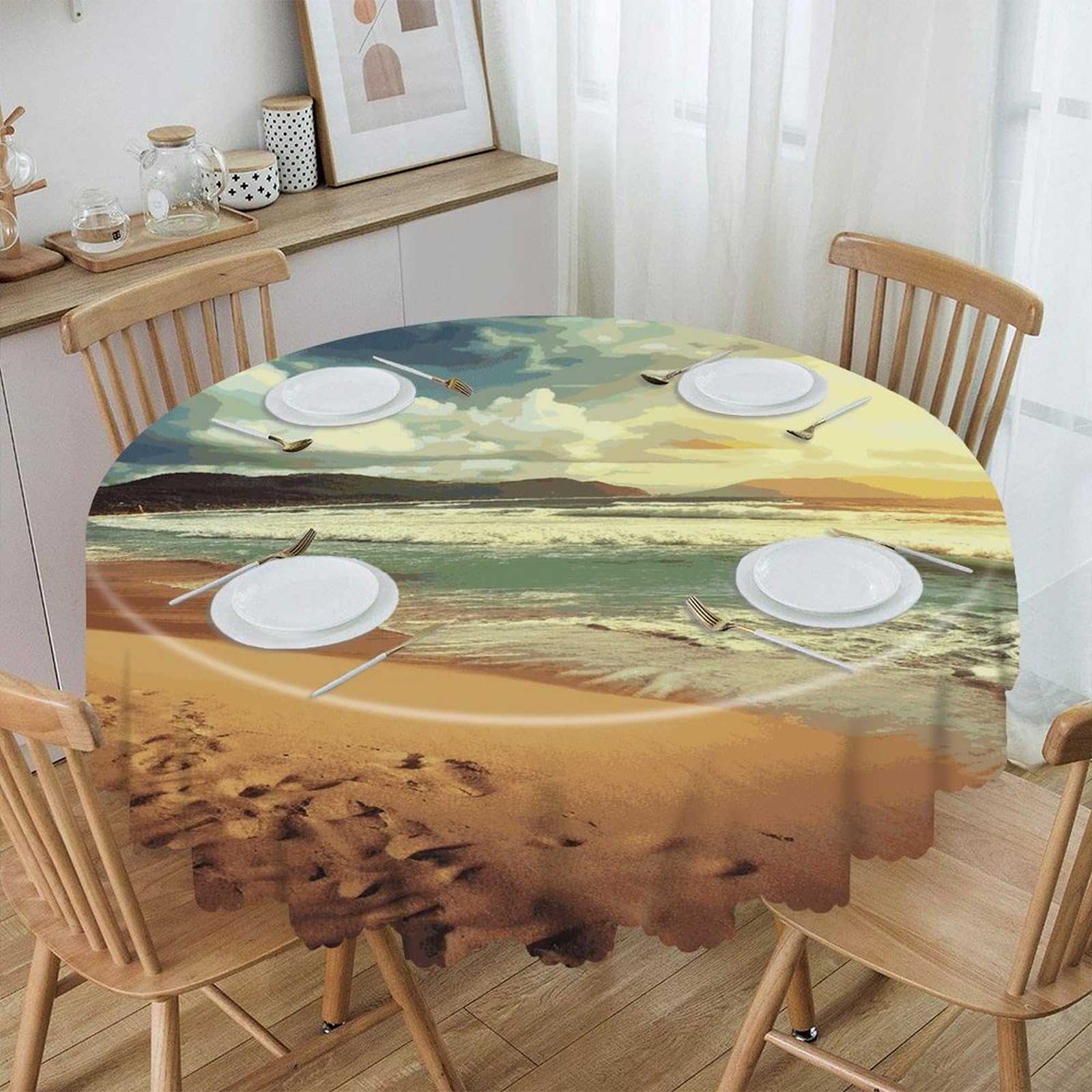 FekiLoot Sunset on The Beach Round Tablecloths 60 Inch Resistant Washable Polyester Table Cloth Style Decorative Circle Fabric Table Cover for Dining Kitchen Party Farmhouse Outdoor