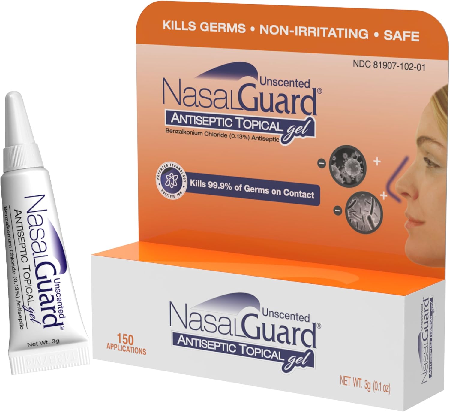Product image of Antiseptic Topical Gel - Kills 99.9% of Germs - Patented Positive Ion Technology, Non-irritating, Safe for Daily use - Over 150 Applications Per Tube, (3 Grams) Unscented
