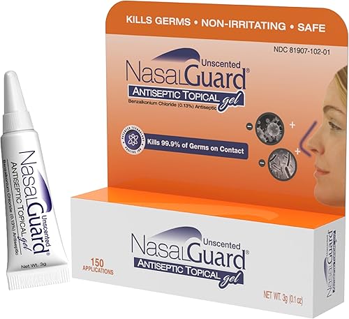 NasalGuard Gel tópico antiséptico, mata el 99.9% de los gérmenes, tecnología patentada de iones positivos, no irritante, seguro para el uso diario,