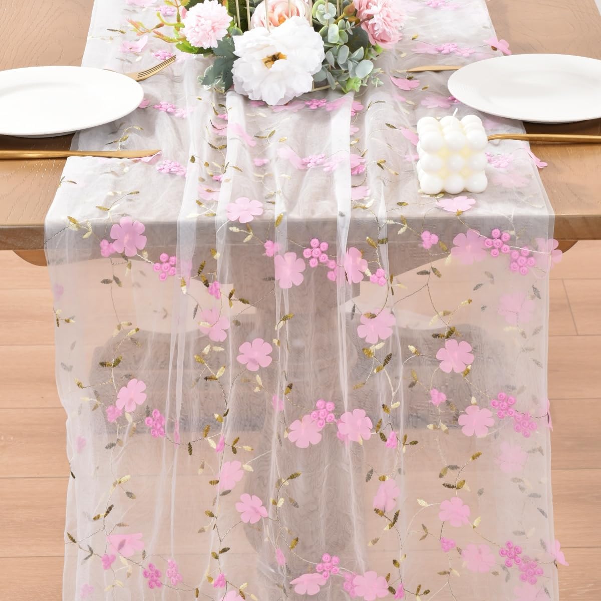 Pink Embroidery Floral Table Runner 10FT Seasonal Rustic Tulle Table Runner for Spring Summer Wedding Party Decoration Baby Shower DIY Craft