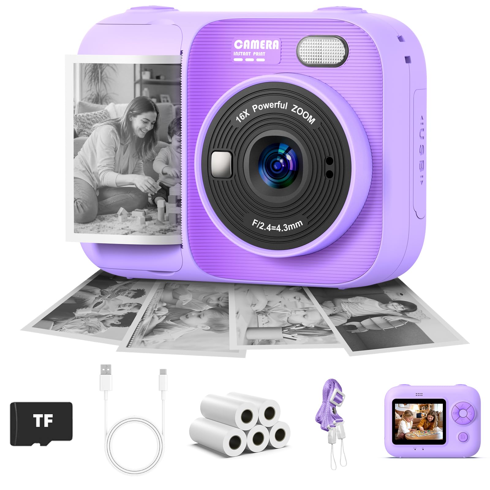 Kids Camera Instant Print with 5 Rolls Print Paper, Instant Camera for Kids with TF Card, 1080P Kids Digital Video Recorder, Gift Toy for Boys Girls (Purple)