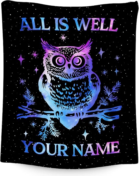 Custom Owl Blanket for Women, Cute Soft Throw Gifts for Girls, Cozy Flannel Throw Blankets for Couch Office, Black 60"x80"